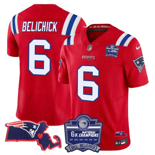 Women’s Patriots Bill Belichick 6x Champions Patch Vapor Jersey – All Stitched – Red – Bill Belichick