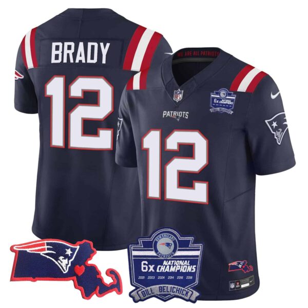 Women’s Patriots Bill Belichick 6x Champions Patch Vapor Jersey – All Stitched – Navy – Tom Brady