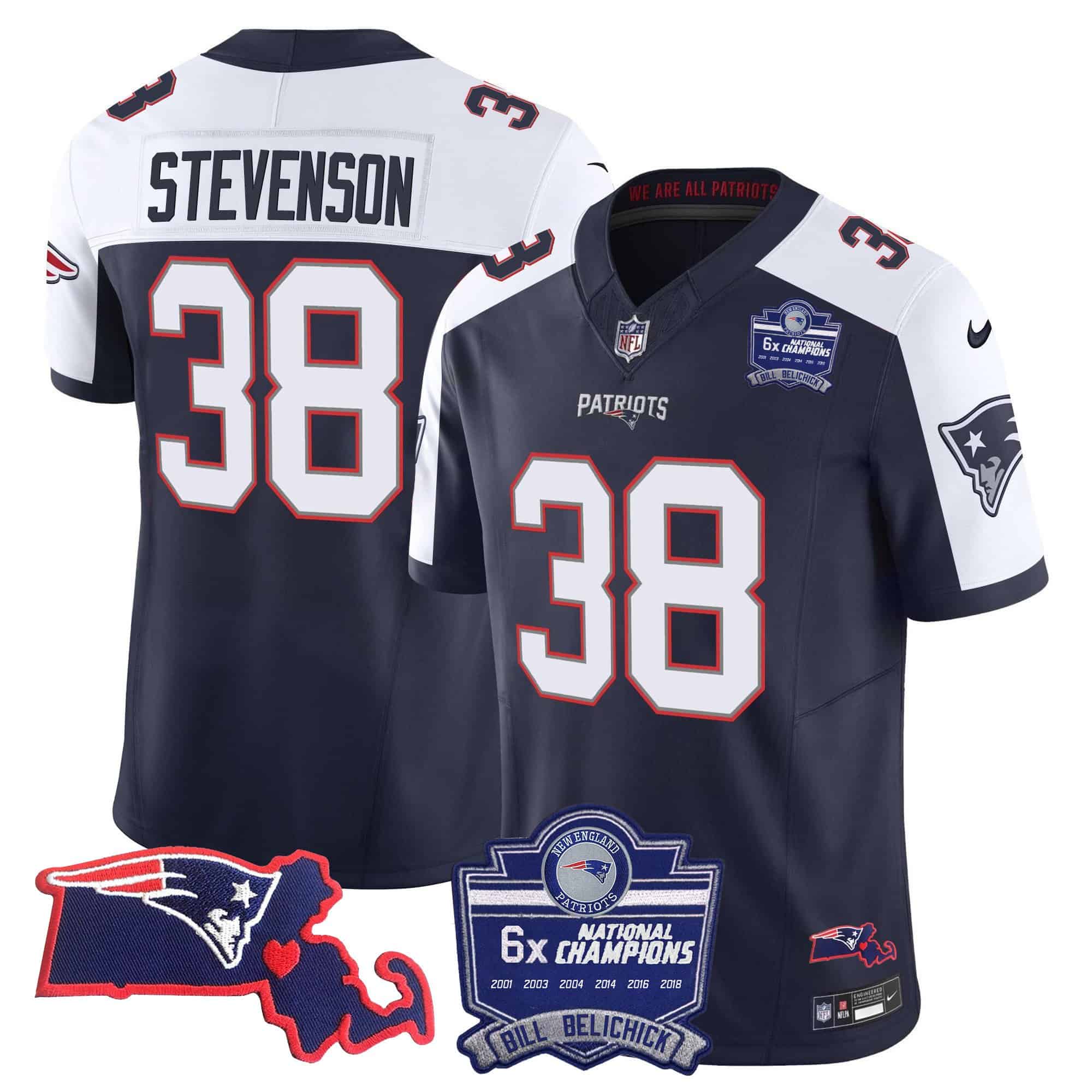 Women’s Patriots Bill Belichick 6x Champions Patch Vapor Jersey – All Stitched – Alternate – Rhamondre Stevenson