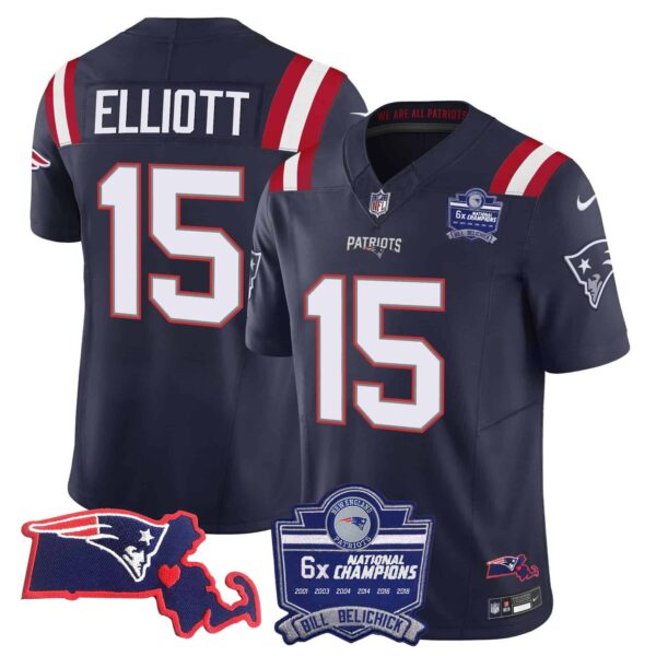 Women’s Patriots Bill Belichick 6x Champions Patch Vapor Jersey – All Stitched – Navy – Ezekiel Elliott