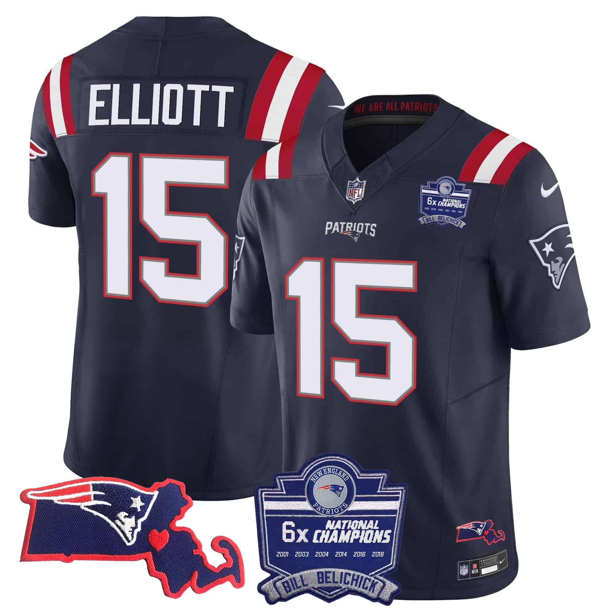 Women’s Patriots Bill Belichick 6x Champions Patch Vapor Jersey – All Stitched – Navy – Ezekiel Elliott