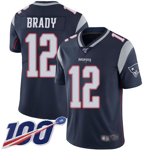 Patriots #12 Tom Brady Navy Blue Team Color Men’s Stitched Football 100th Season Vapor Limited Jersey