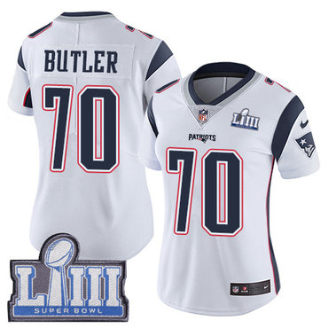 #70 Limited Adam Butler White Nike NFL Road Women’s Jersey New England Patriots Vapor Untouchable Super Bowl LIII Bound