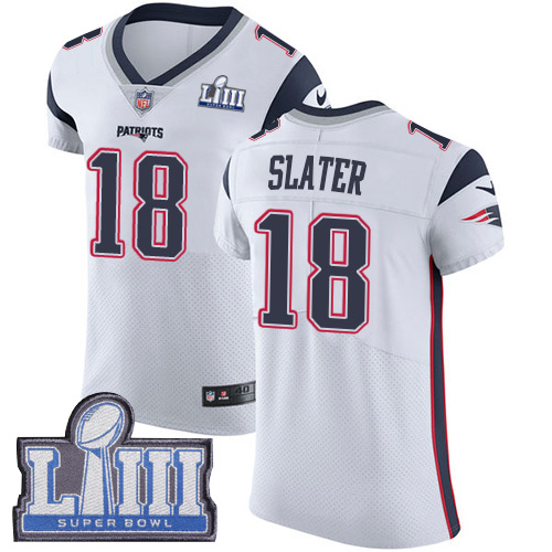 #18 Elite Matthew Slater White Nike NFL Road Men’s Jersey New England Patriots Vapor Untouchable Super Bowl LIII Bound