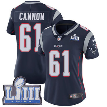 #61 Limited Marcus Cannon Navy Blue Nike NFL Home Women’s Jersey New England Patriots Vapor Untouchable Super Bowl LIII Bound