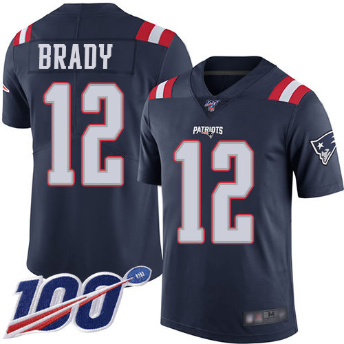 Patriots #12 Tom Brady Navy Blue Men’s Stitched Football Limited Rush 100th Season Jersey
