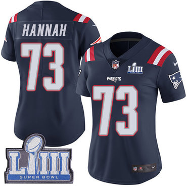 #73 Limited John Hannah Navy Blue Nike NFL Women’s Jersey New England Patriots Rush Vapor Untouchable Super Bowl LIII Bound