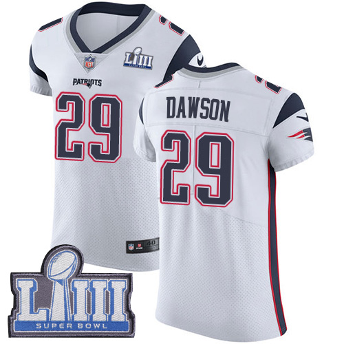 #29 Elite Duke Dawson White Nike NFL Road Men’s Jersey New England Patriots Vapor Untouchable Super Bowl LIII Bound