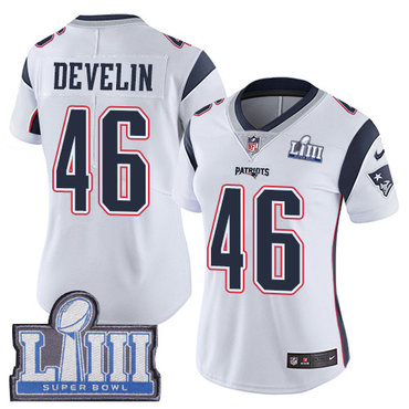 #46 Limited James Develin White Nike NFL Road Women’s Jersey New England Patriots Vapor Untouchable Super Bowl LIII Bound