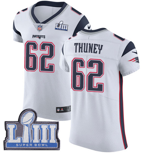 #62 Elite Joe Thuney White Nike NFL Road Men’s Jersey New England Patriots Vapor Untouchable Super Bowl LIII Bound