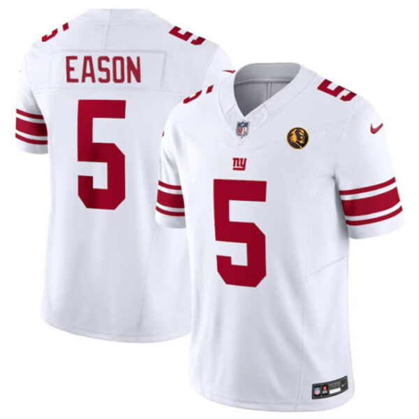 New York Giants #5 Jacob Eason White 2023 FUSE With John Madden Patch Vapor Jersey