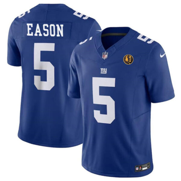 New York Giants #5 Jacob Eason Blue 2023 FUSE With John Madden Patch Vapor Jersey