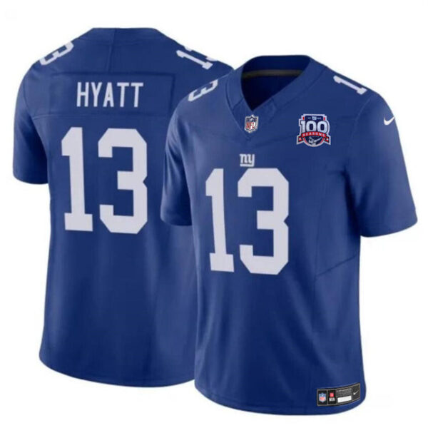 Jersey New York Giants #13 Jalin Hyatt Blue 2024 FUSE 100TH Season Patch Vapor Untouchable
