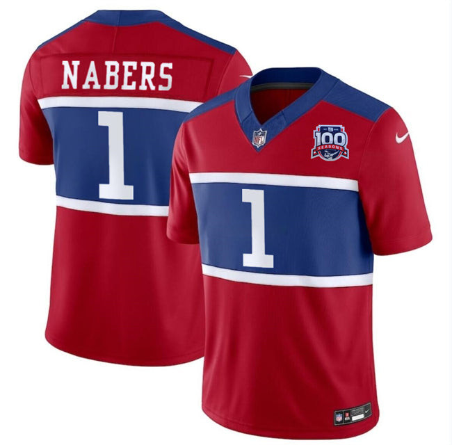 Jersey New York Giants #1 Malik Nabers Red 2024 FUSE Alternate 100TH Season Patch