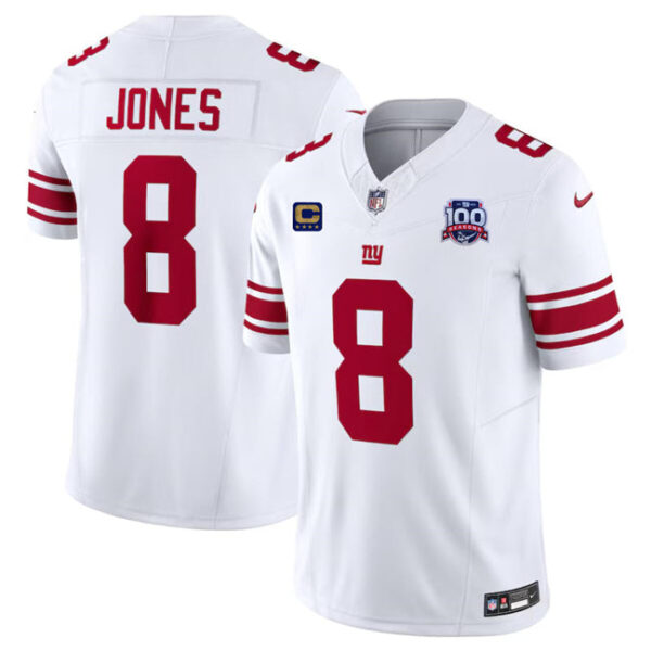 New York Giants #8 Daniel Jones White 2024 FUSE With 4 Star C Patch And 100TH Jersey