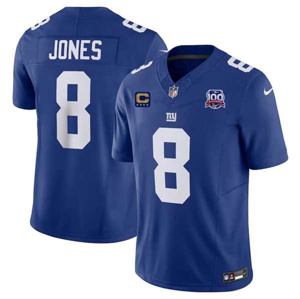 New York Giants #8 Daniel Jones Blue 2024 FUSE With 4 Star C Patch And 100TH Season Patch Vapor Untouchable Limited Stitched Jersey