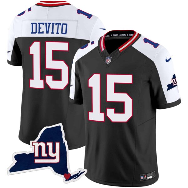 Men’s Giants New York State Map Patch Limited Jersey V2 – All Stitched – Black Alternate – Tommy DeVito