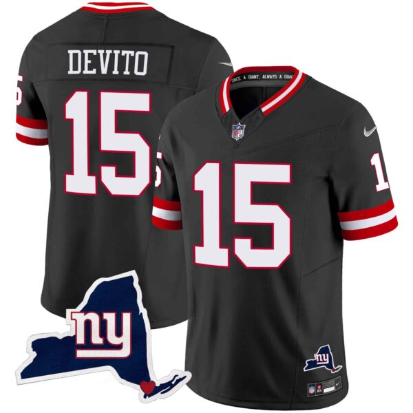 Men’s Giants New York State Map Patch Limited Jersey V2 – All Stitched – Black – Tommy DeVito