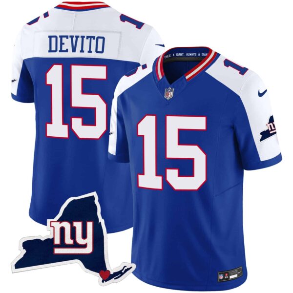 Men’s Giants New York State Map Patch Limited Jersey V2 – All Stitched – Royal Alternate – Tommy DeVito