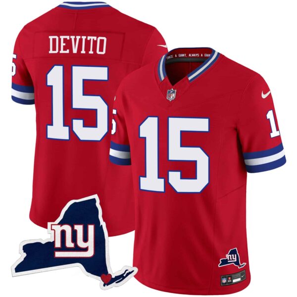 Men’s Giants New York State Map Patch Limited Jersey V2 – All Stitched – Red – Tommy DeVito
