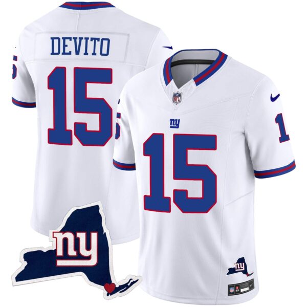 Men’s Giants New York State Map Patch Limited Jersey V2 – All Stitched – White – Tommy DeVito
