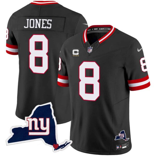 Men’s Giants New York State Map Patch Limited Jersey V2 – All Stitched – Black – Daniel Jones