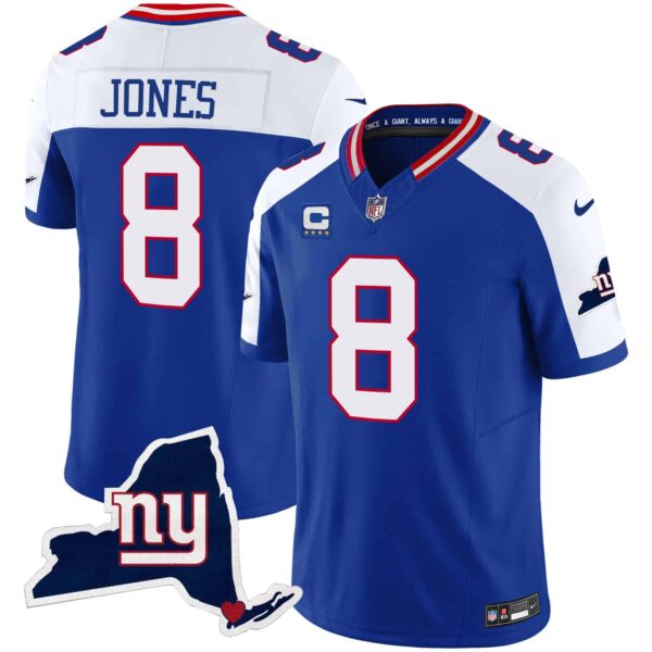 Men’s Giants New York State Map Patch Limited Jersey V2 – All Stitched – Royal Alternate – Daniel Jones