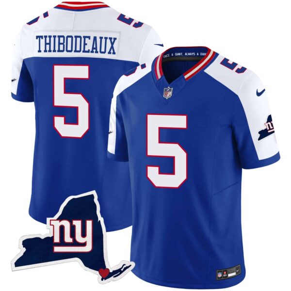 Men’s Giants New York State Map Patch Limited Jersey V2 – All Stitched – Royal Alternate – Kayvon Thibodeaux