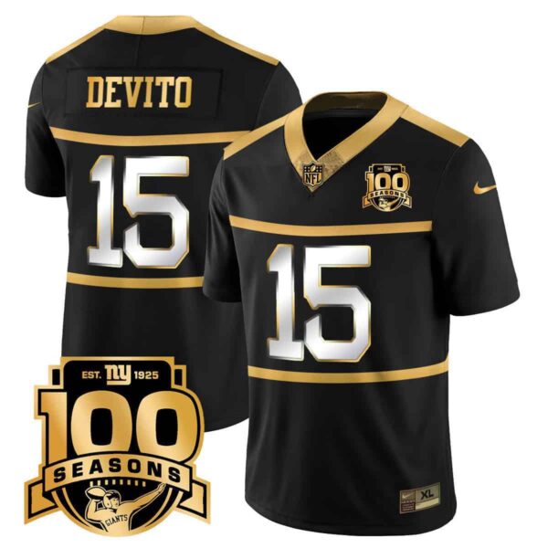 Men’s New York Giants “Century Red’ 100TH Season Commemorative Vapor Jersey – All Stitched – Black Gold – Tommy DeVito
