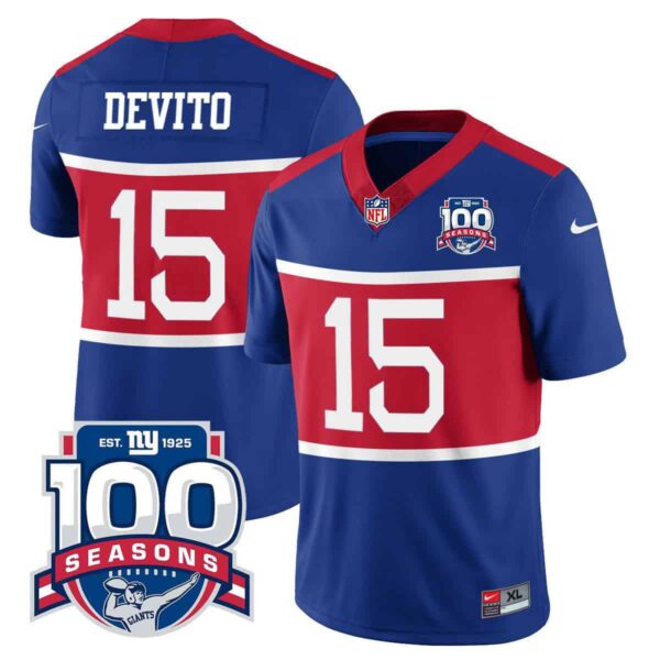 Men’s New York Giants “Century Red’ 100TH Season Commemorative Vapor Jersey – All Stitched – Royal – Tommy DeVito