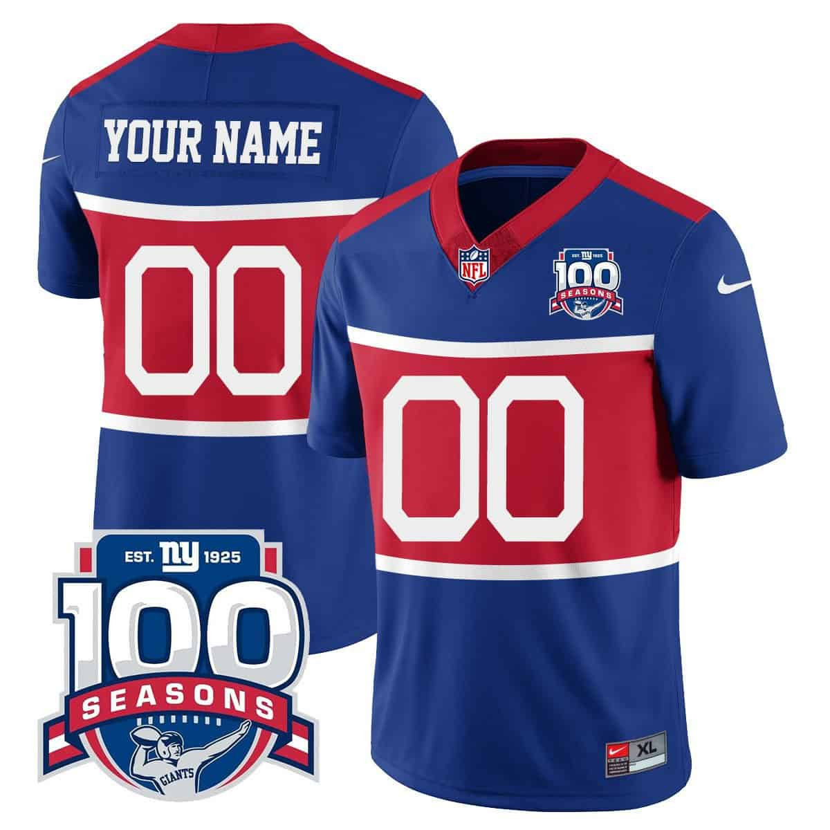 New York Giants “Century Red’ 100TH Season Commemorative Vapor Custom Jersey – All Stitched – Men – Royal