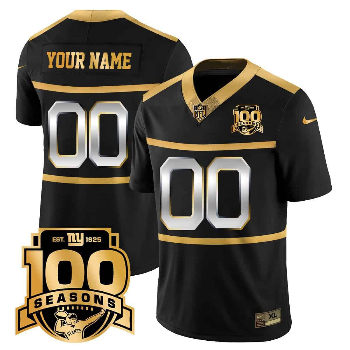 New York Giants “Century Red’ 100TH Season Commemorative Vapor Custom Jersey – All Stitched – Youth – Black Gold