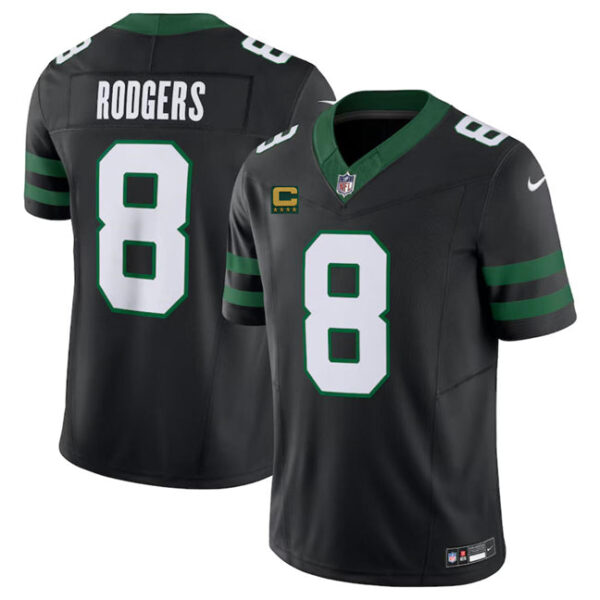 New York Jets #8 Aaron Rodgers Black 2024 FUSE With 4 Star C Patch Vapor Jersey