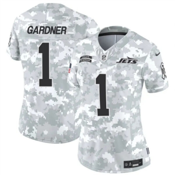 Women New York Jets #1 Sauce Gardner 2024 FUSE Arctic Camo Salute To Service Limited Football Stitched Jersey