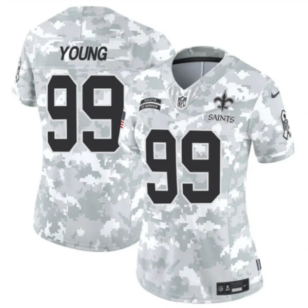 Women New Orleans Saints #99 Chase Young 2024 FUSE Arctic Camo Salute To Service Limited Football Stitched Jersey