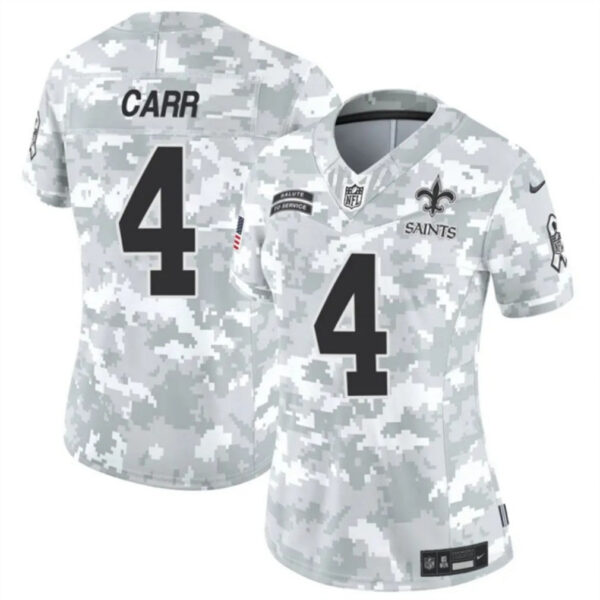 Women New Orleans Saints #4 Derek Carr 2024 FUSE Arctic Camo Salute To Service Limited Football Stitched Jersey