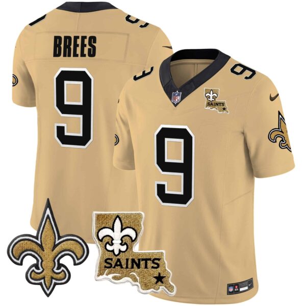 Men’s Saints Vapor Limited Jersey – New Orleans Patch – All Stitched – Gold – Drew Brees