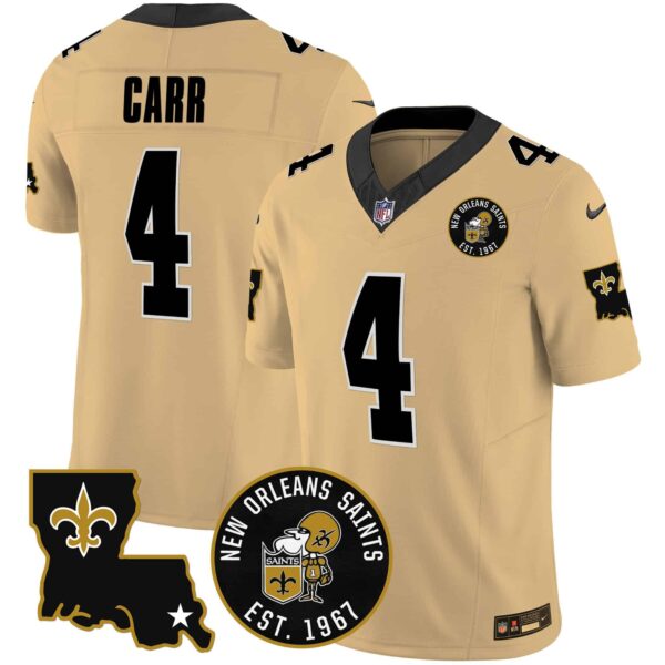 Men’s Saints EST. 1967 Patch Vapor Jersey – All Stitched – Gold – Derek Carr