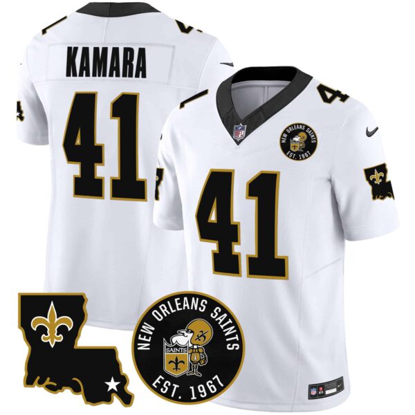 Men’s Saints EST. 1967 Patch Vapor Jersey – All Stitched – White – Alvin Kamara