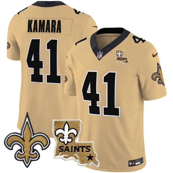 Men’s Saints Vapor Limited Jersey – New Orleans Patch – All Stitched – Gold – Alvin Kamara
