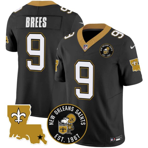 Men’s Saints EST. 1967 Patch Vapor Jersey – All Stitched – Black – Drew Brees