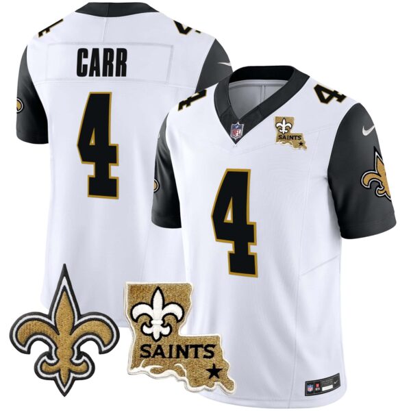 Men’s Saints Vapor Limited Jersey – New Orleans Patch – All Stitched – Black Sleeves – Derek Carr