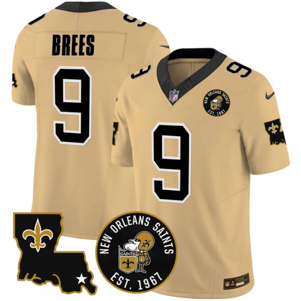Men’s Saints EST. 1967 Patch Vapor Jersey – All Stitched – Gold – Drew Brees