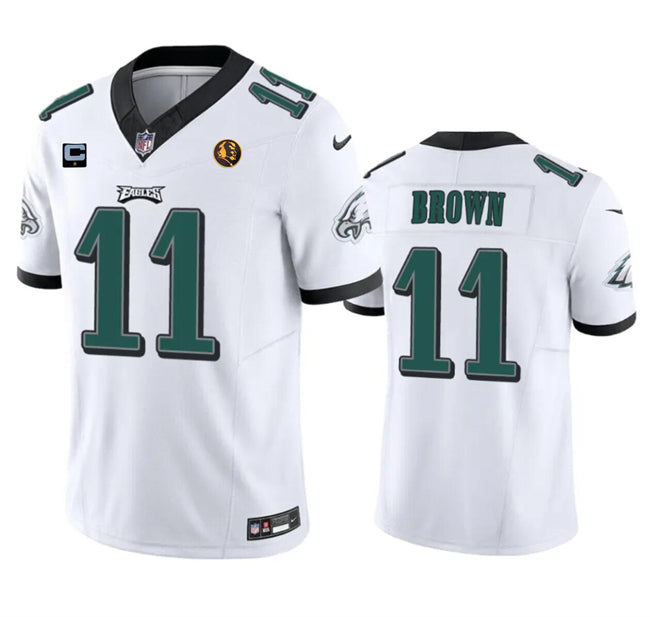 Philadelphia Eagles #11 A J Brown White 2023 FUSE With 1-Star C Patch And John Jersey