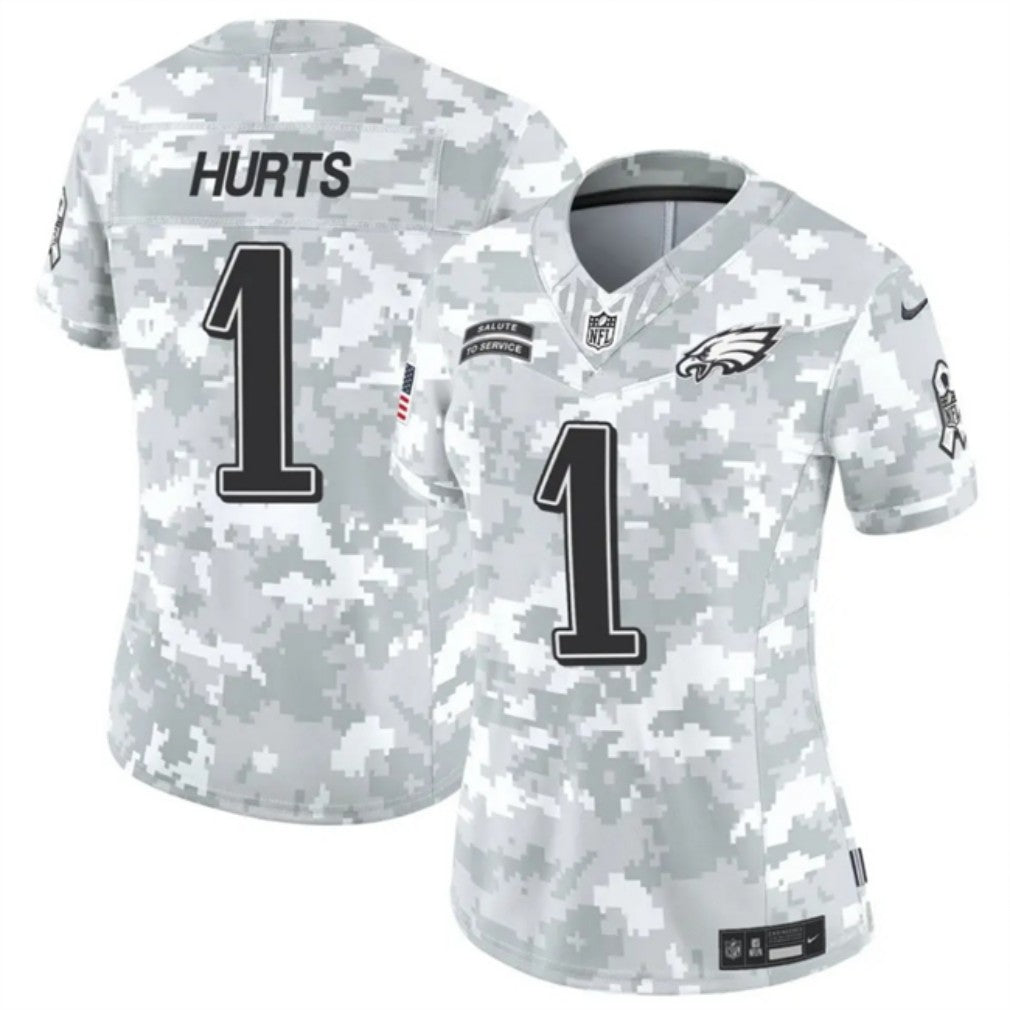Women Philadelphia Eagles #1 Jalen Hurts 2024 FUSE Arctic Camo Salute To Service Limited Football Stitched Jersey