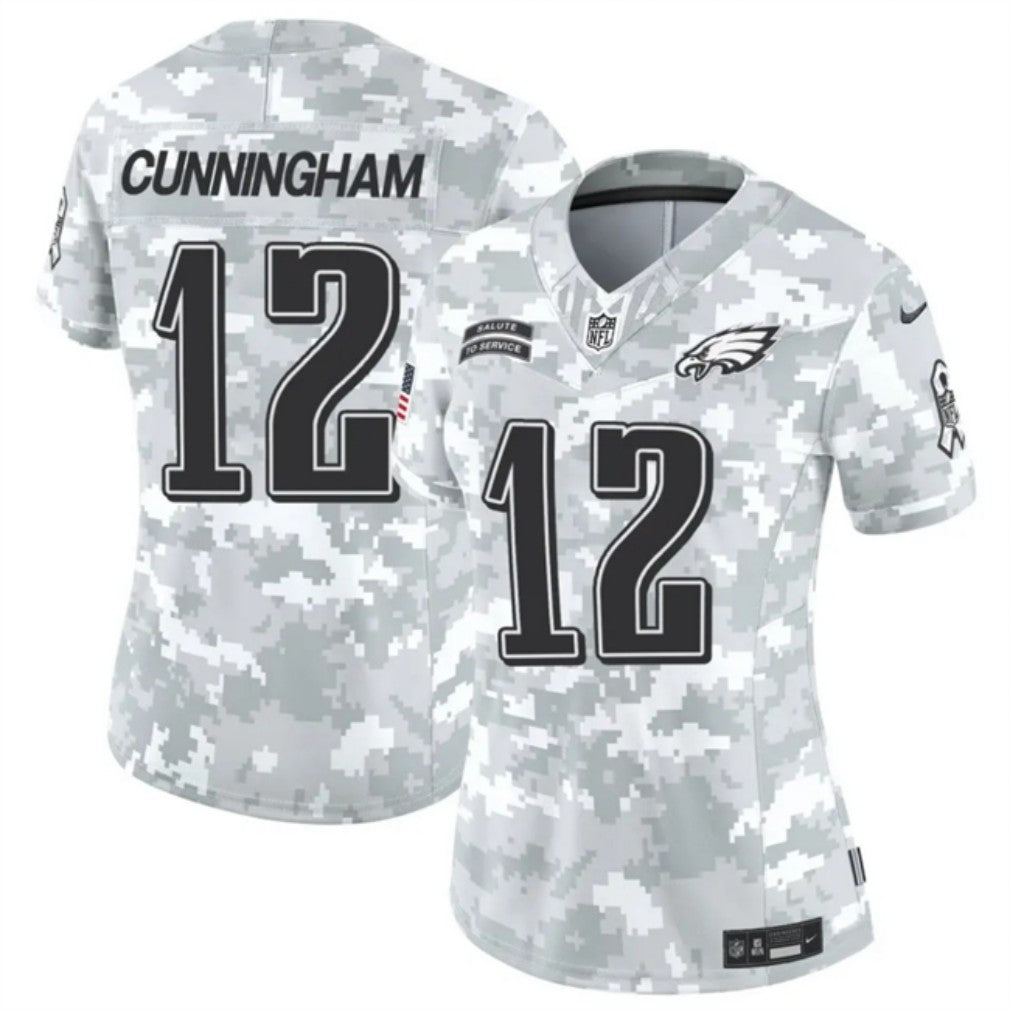 Women Philadelphia Eagles #12 Randall Cunningham 2024 FUSE Arctic Camo Salute To Service Limited Football Stitched Jersey