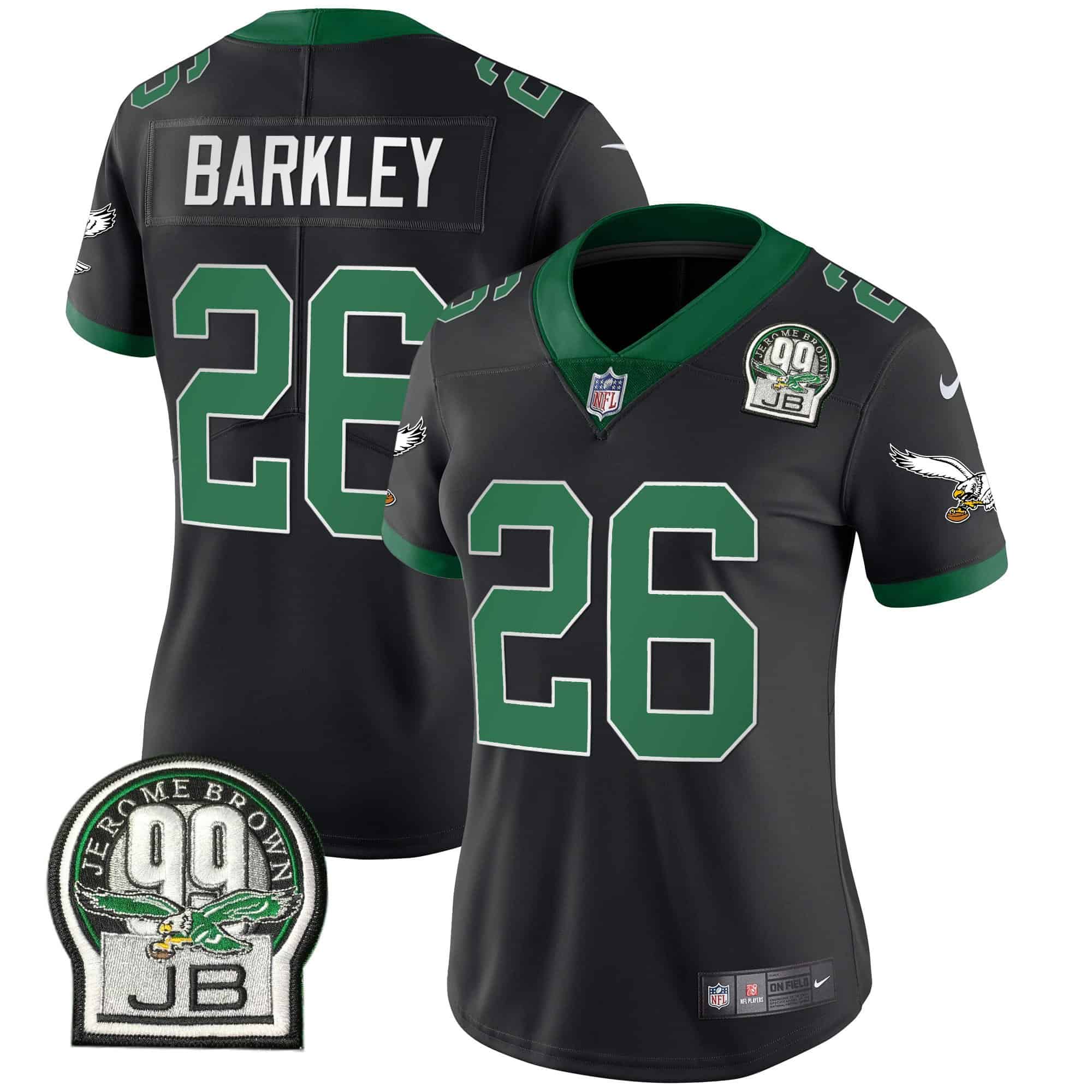 Women’s Eagles Jerome Brown Patch Kelly Green Alternate Jersey V2 – All Stitched – Black – Saquon Barkley
