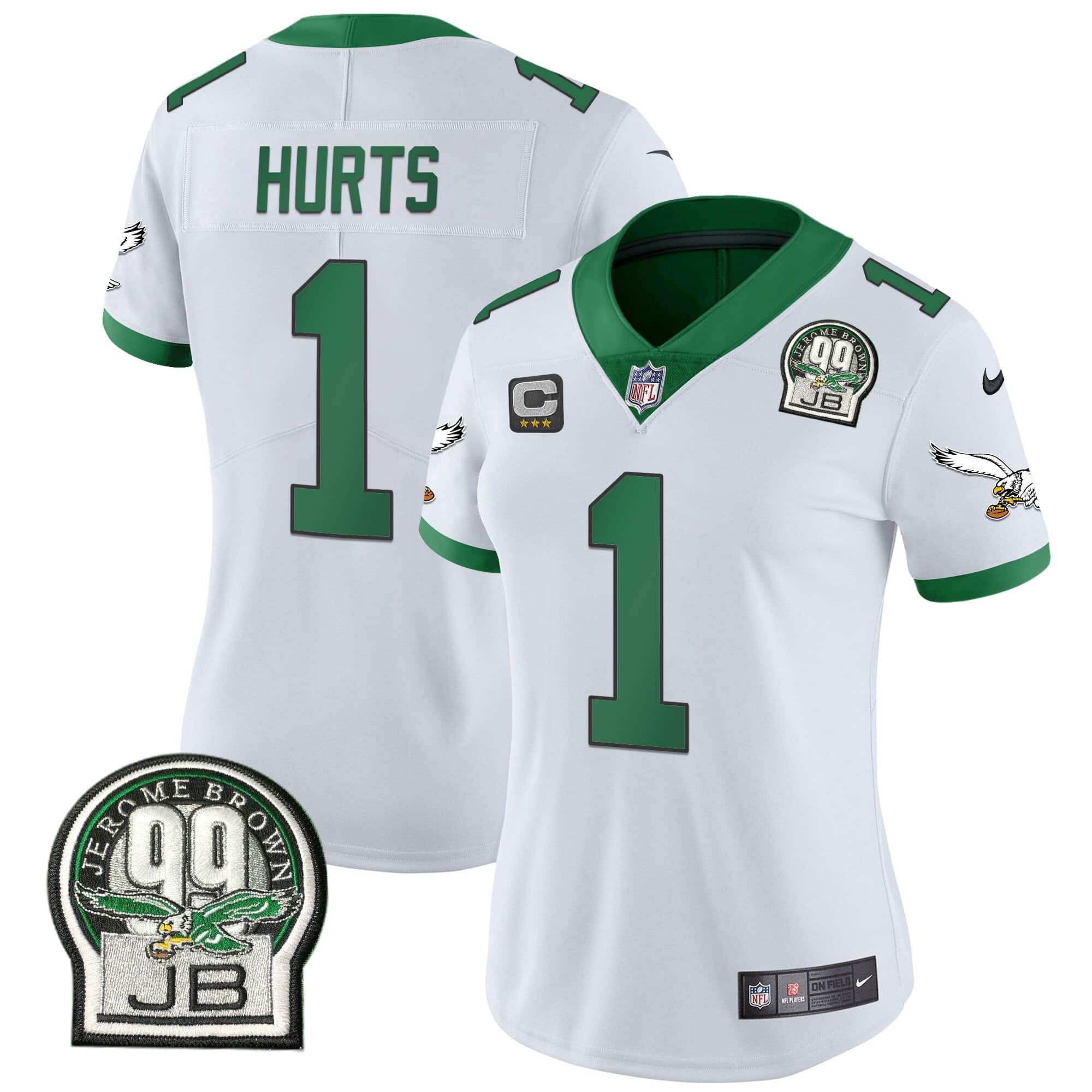 Women’s Eagles Jerome Brown Patch Kelly Green Alternate Jersey V2 – All Stitched – Kelly White – Jalen Hurts