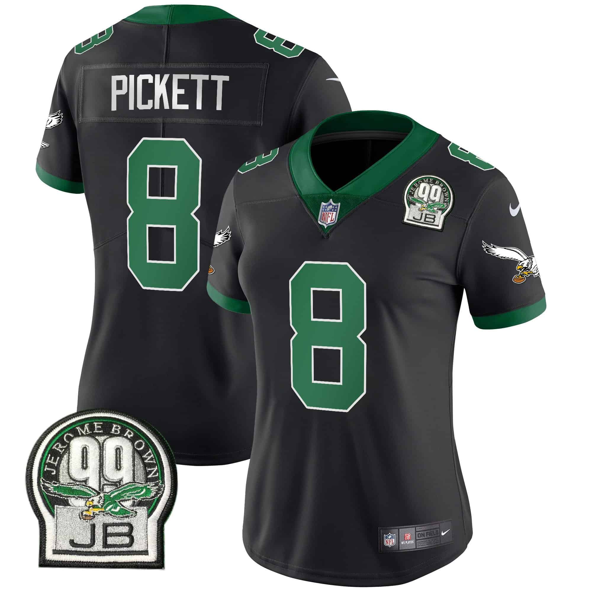 Women’s Eagles Jerome Brown Patch Kelly Green Alternate Jersey V2 – All Stitched – Black – Kenny Pickett