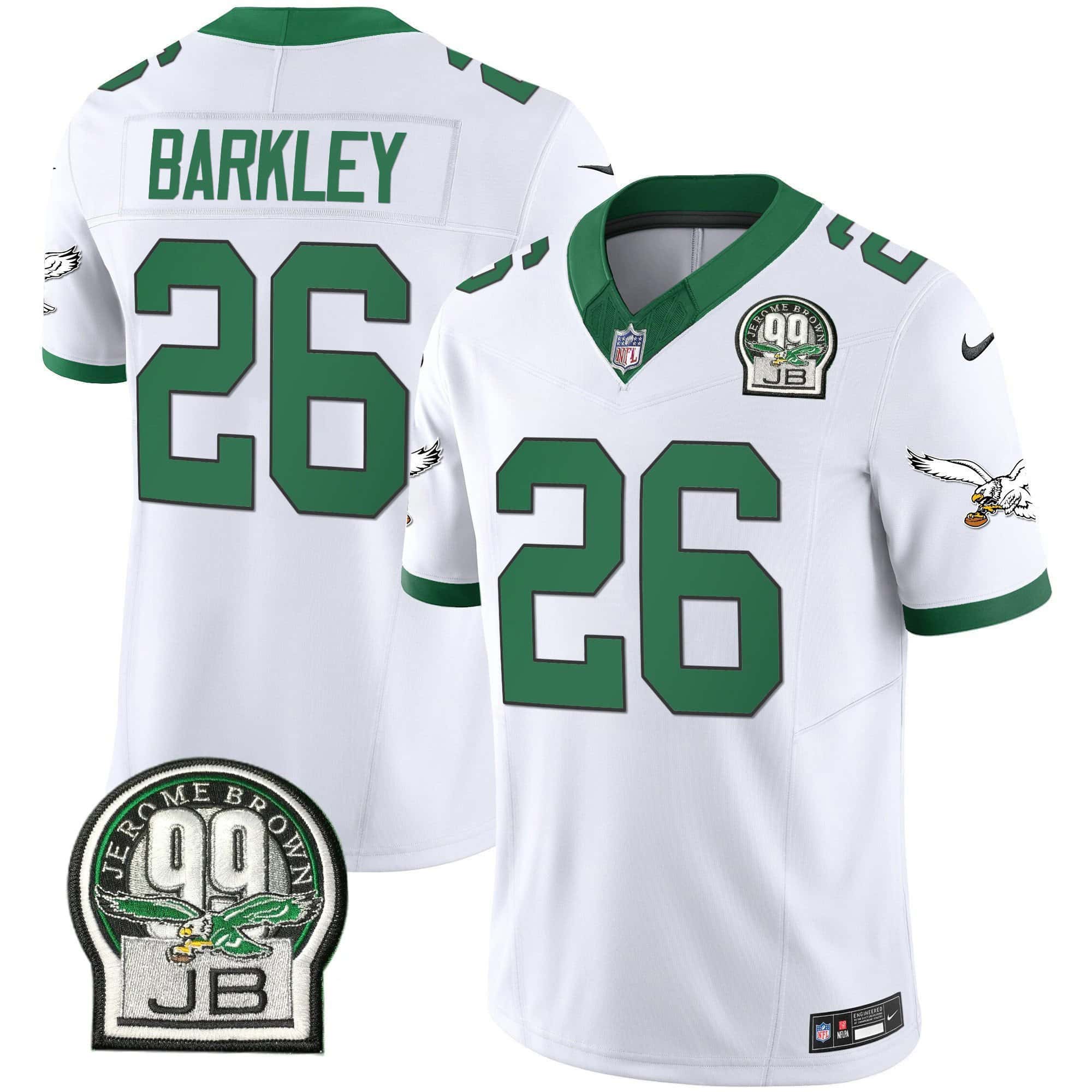 Men’s Eagles Jerome Brown Patch Kelly Green Alternate Jersey – All Stitched – Kelly White – Saquon Barkley